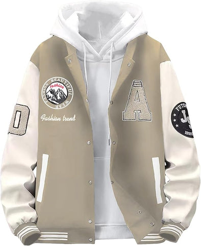 Men's Letter Print Varsity Jacket Color Block Streetwear Bomer Baseball Jacket