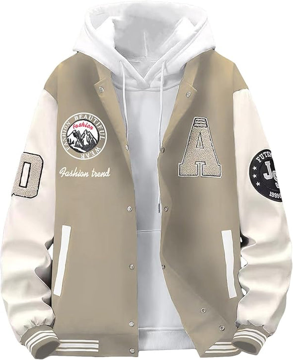 Men's Letter Print Varsity Jacket Color Block Streetwear Bomer Baseball Jacket