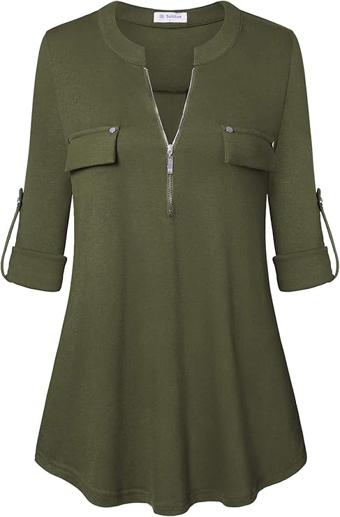 Women's Zip Front V-Neck 3/4 Sleeve Tunic Casual Top