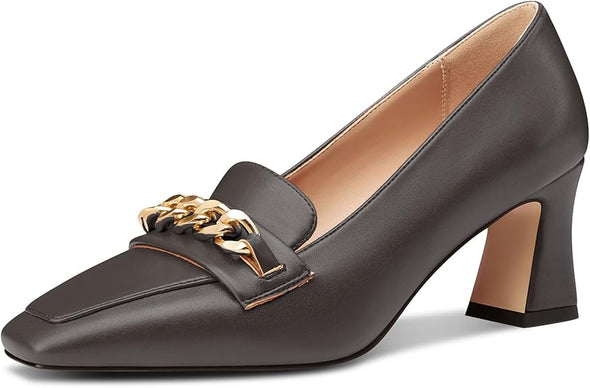 Women Mid Chunky Block Loafers Close Square Toe Slip-on Pumps with Metal Chain Work Casual Pumps 2.8 Inches Heels