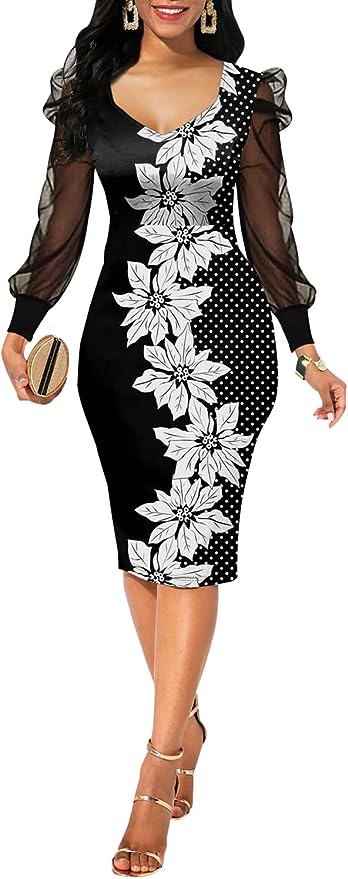 Sexy Short Sleeve Bodycon Dress for Women Floral Printed Mesh Slim Fit Prom Party Midi Dresses