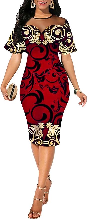 Women's 3/4 Sleeve Bodycon Dresses Work Casual Floral Print Pencil Midi Dresses with Belt