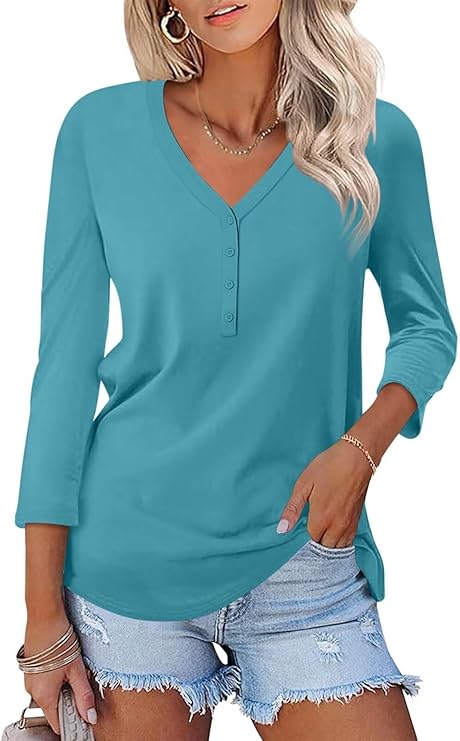 V Neck 3/4 Sleeve Tops Solid Shirts Casual Summer Tees