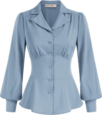 Button Down Shirts for Women Fall Peplum Tops Long Sleeve Work Blouse Collared Shirt Dressy Top