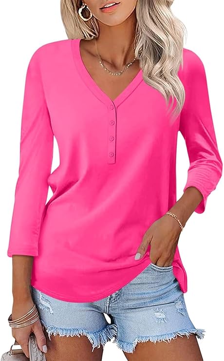 V Neck 3/4 Sleeve Tops Solid Shirts Casual Summer Tees