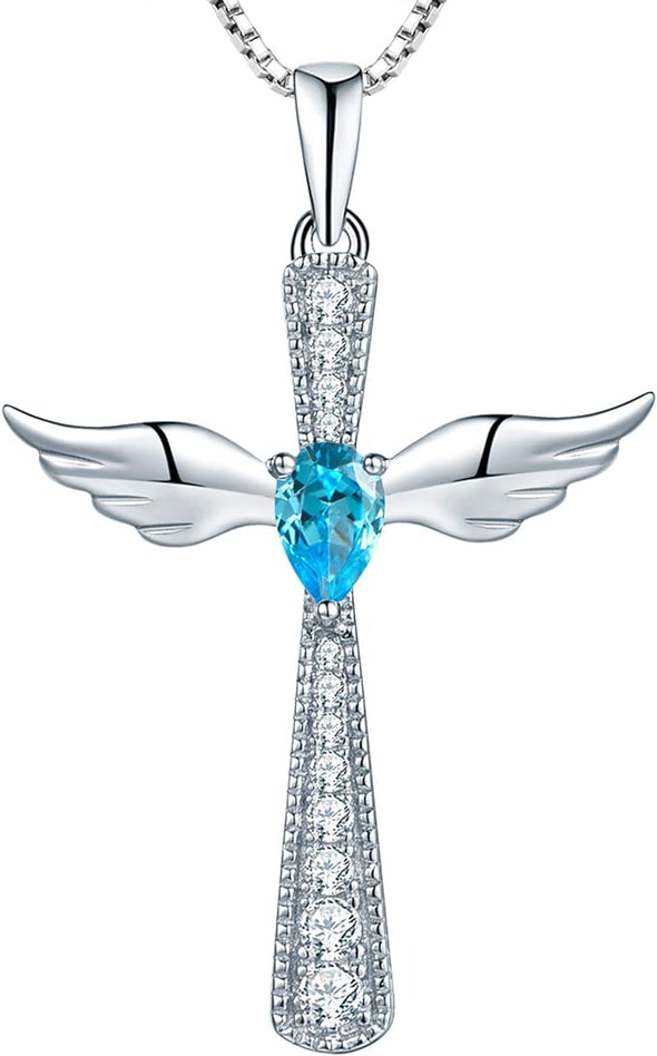 Cross Necklace 925 Sterling Silver Angel Wings Pendant Teardrop Cubic Zirconia Criss Jewelry