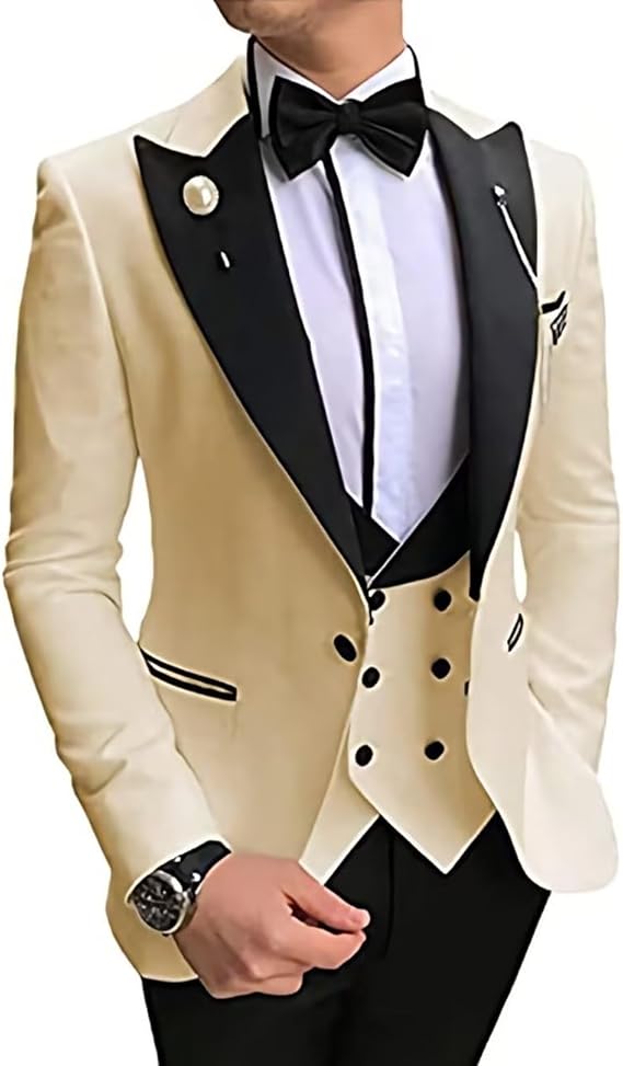 Men's Tuxedo Slim Fit 3 Piece Suit Formal Wedding Suit One Button Jacket Vest & Trousers with Bow Tie