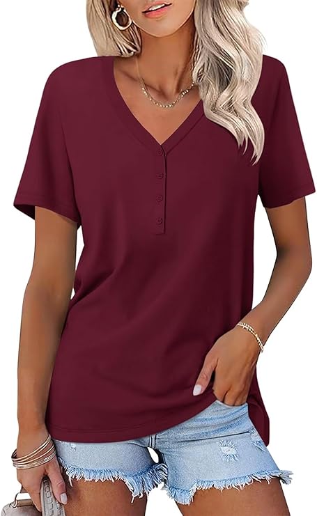 V Neck 3/4 Sleeve Tops Solid Shirts Casual Summer Tees