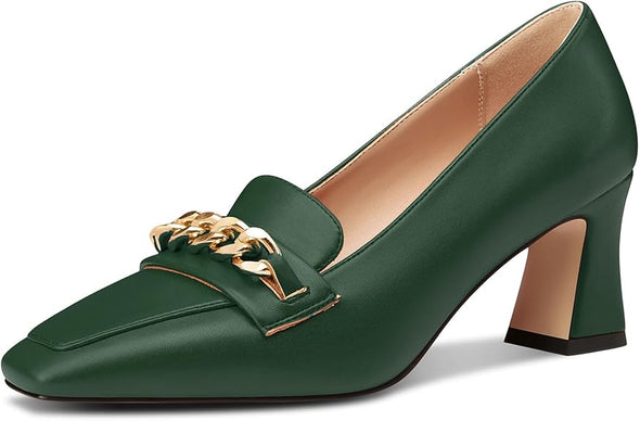 Women Mid Chunky Block Loafers Close Square Toe Slip-on Pumps with Metal Chain Work Casual Pumps 2.8 Inches Heels