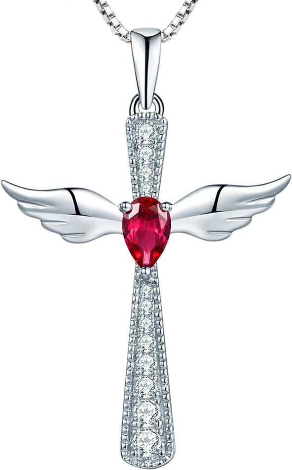 Cross Necklace 925 Sterling Silver Angel Wings Pendant Teardrop Cubic Zirconia Criss Jewelry