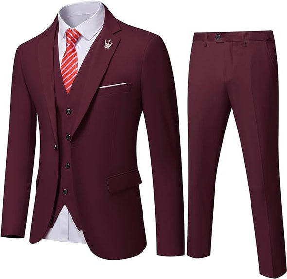Men's 3 Piece Slim Fit Suit, One Button Jacket Blazer Vest Pants Set and Tie