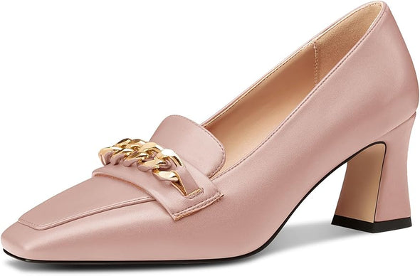 Women Mid Chunky Block Loafers Close Square Toe Slip-on Pumps with Metal Chain Work Casual Pumps 2.8 Inches Heels