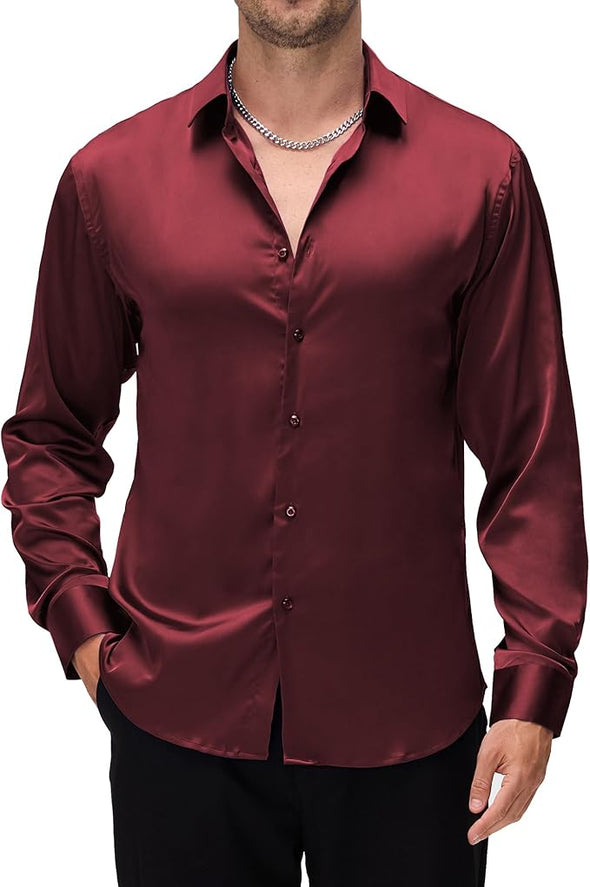 Mens Luxury Satin Dress Shirt Long Sleeve Silk Shiny Sateen Party Shirt