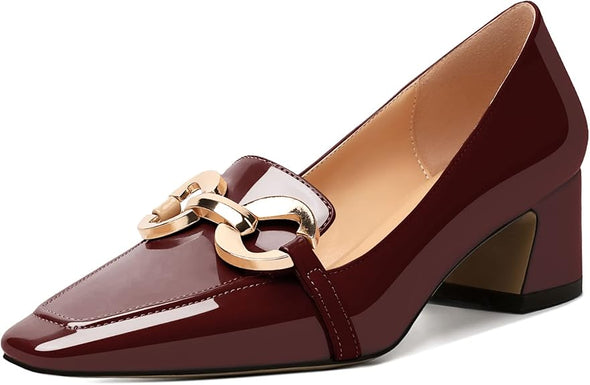 Womens Square Toe Block Heels Mid Chunky Heel Loafer Pumps Slip On Chain Dress Comfortable Prom Shoe