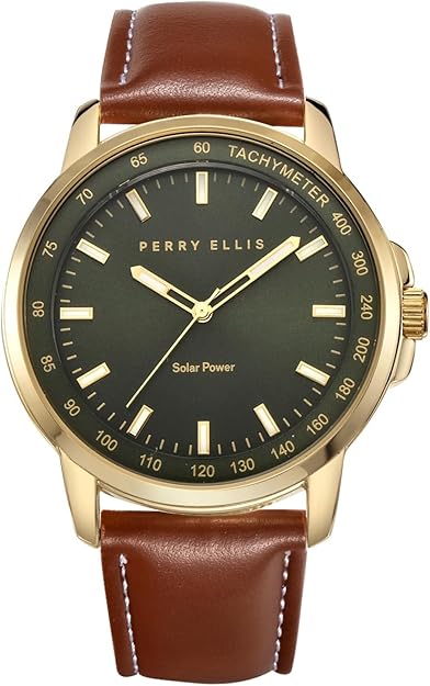 Perry Ellis Solar Powered Mens Watch | Vegan Leather Water-Resistant Analog Wrist Watches for Men