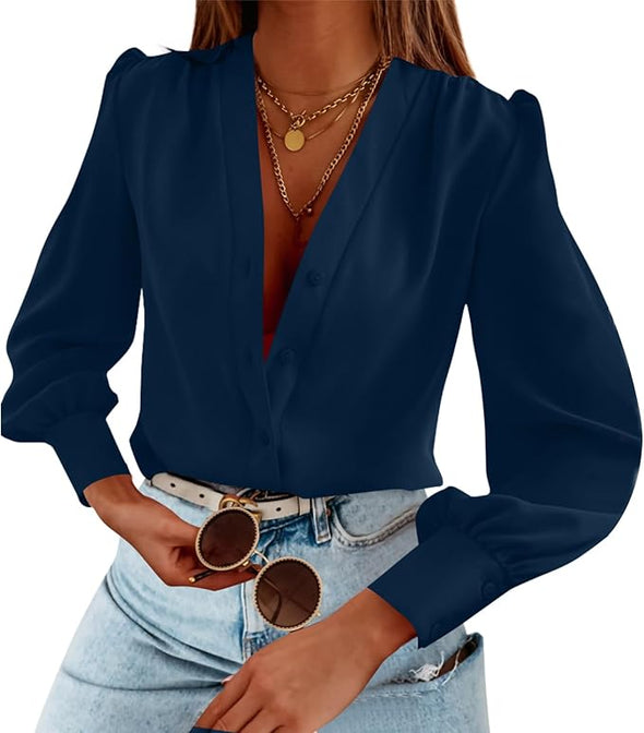 Women's Business Casual Tops Summer Long Sleeve Silk Button Down Shirts V Neck Chiffon Blouses…