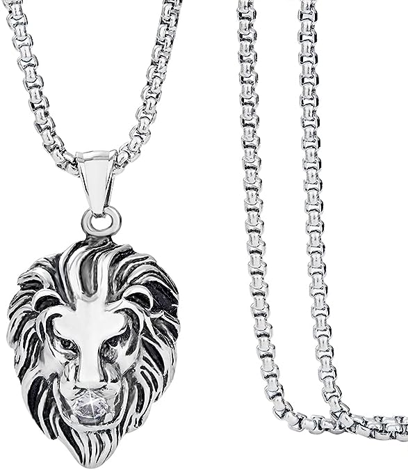 Mens Necklace Lion Pendant Necklace, Bigger in Size, Silver Plated Stainless Steel, 3PCS Shiny CZ Diamonds, Comes with Rope Chain 24”and in a Gift Box