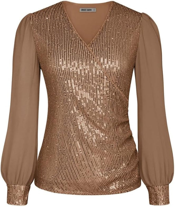 Womens Sequin Dressy Tops Chiffon Light Long Sleeve Glitter Sparkly Shimmer Party