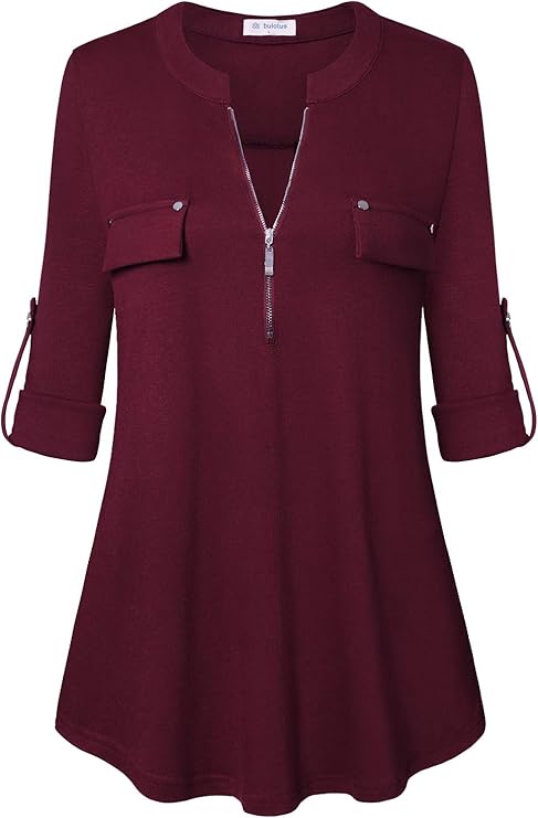 Women's Zip Front V-Neck 3/4 Sleeve Tunic Casual Top