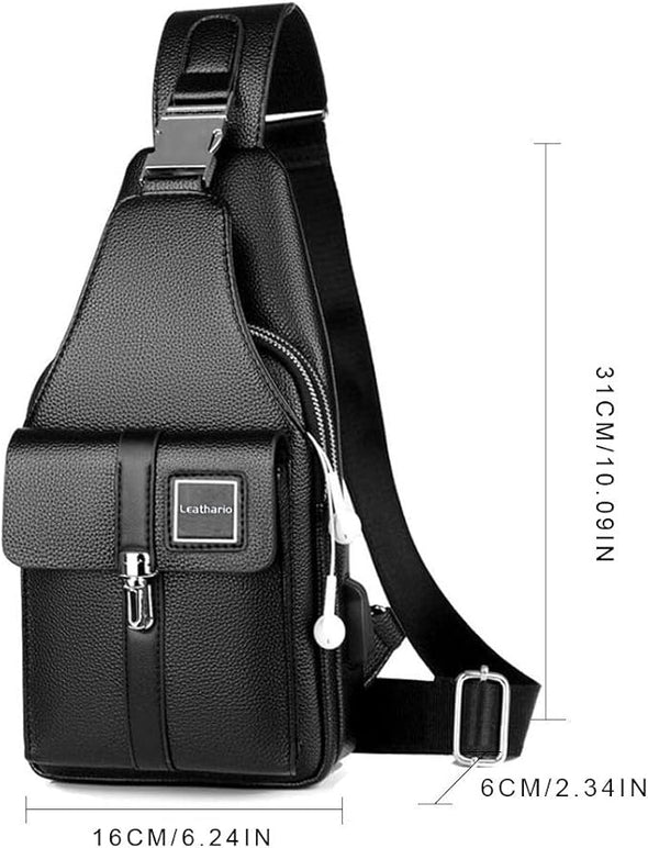 Men leather Sling Bag Chest Bag Shoulder Bag Crossbody Casual Bag Pack Multipurpose