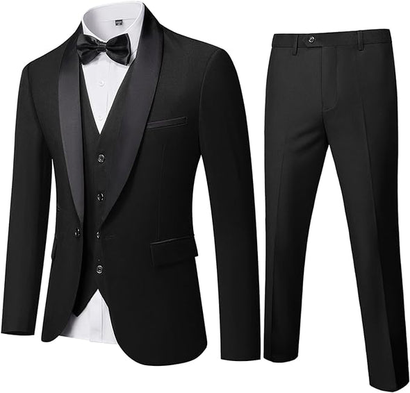 Men's 3 Piece Slim Fit Tuxedo Set, One Button Shawl Collar Solid Jacket Vest Pants with Bow Tie