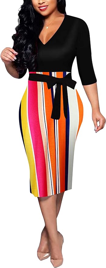 Women's Bodycon Work Pencil Dress Colorblock Back Zipper Office Business Dresses