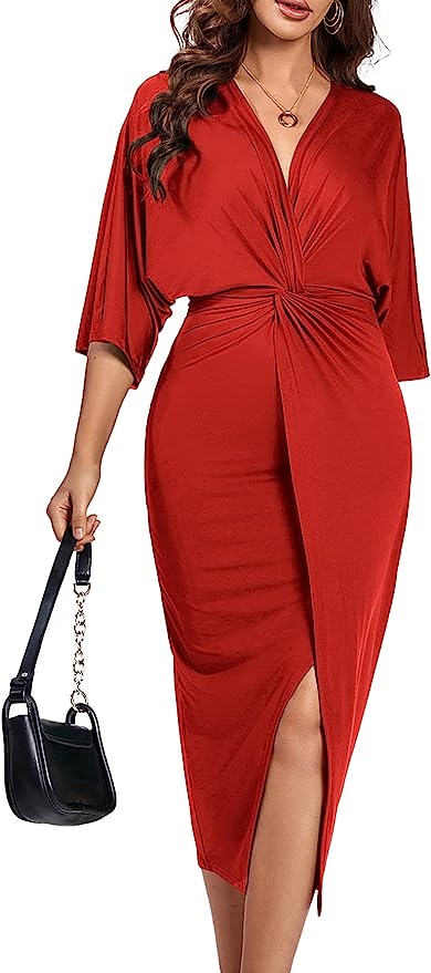 Women's V Neck Wrap Twist Front Half Sleeve Split Hem Cocktail Party Bodycon Dress