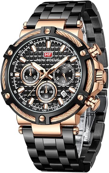 Business Men Watches (Chronograph/Waterproof/Luminous/Calendar/24 Hours) Big Face Stainless Steel Band Watches for Men