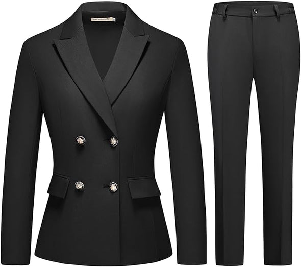 Women's 2 Piece Business Suit Double Breasted Blazer and Pants Work Suit Set