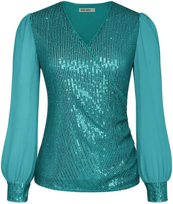 Womens Sequin Dressy Tops Chiffon Light Long Sleeve Glitter Sparkly Shimmer Party