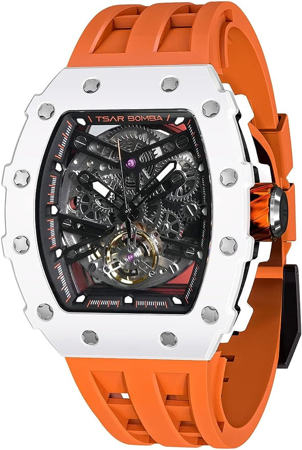 TSAR BOMBA Luxury Mens Automatic Mechanical Watches - Japanese Movement Sapphire Glass - 50M Waterproof Men's Watch - Square Wrist Watches Silicone Band Luminous Elegant Gifts for Men