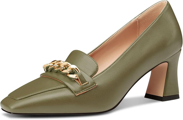 Women Mid Chunky Block Loafers Close Square Toe Slip-on Pumps with Metal Chain Work Casual Pumps 2.8 Inches Heels