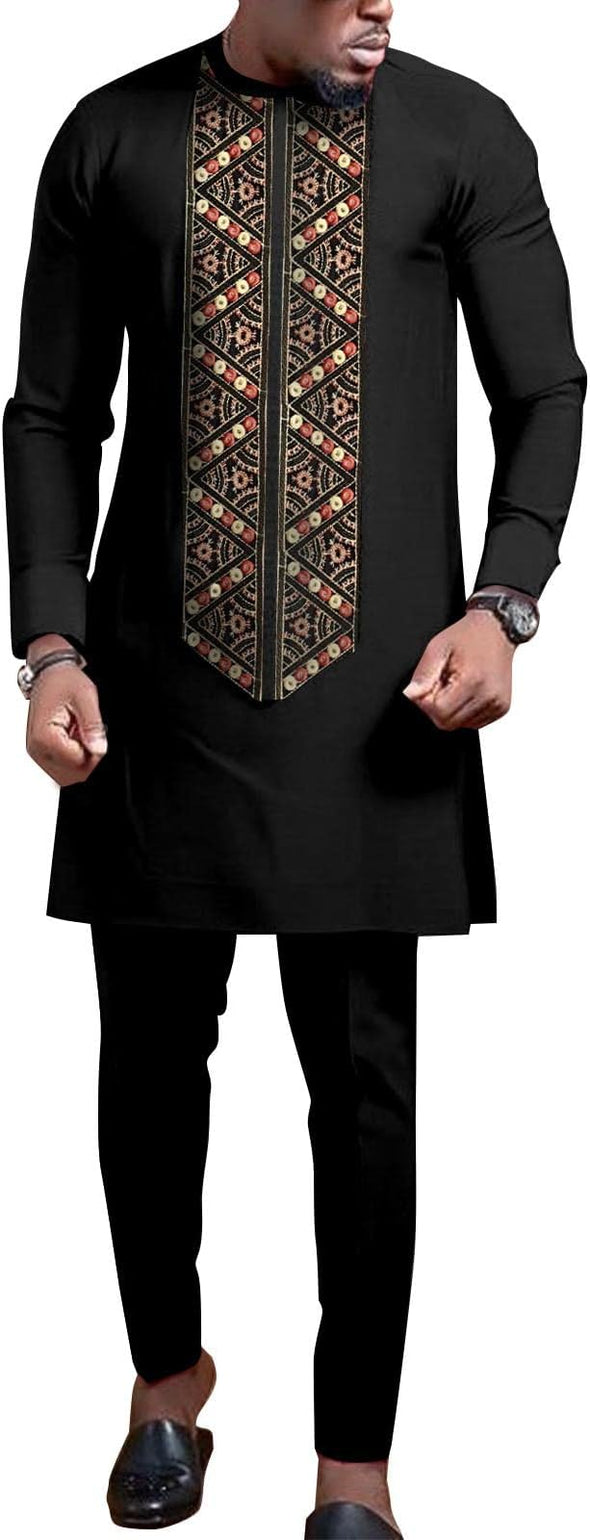 Men Embroidery Shirts and Pants 2 Piece Set Outfits Elegant Clothing