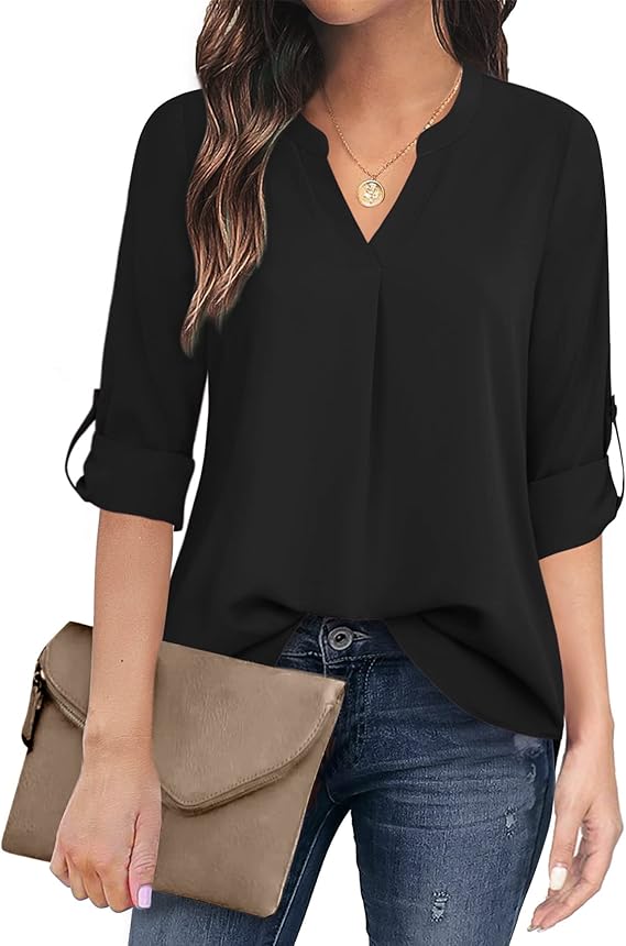 Women's Casual Chiffon V Neck 3/4 Sleeve Blouse Tops