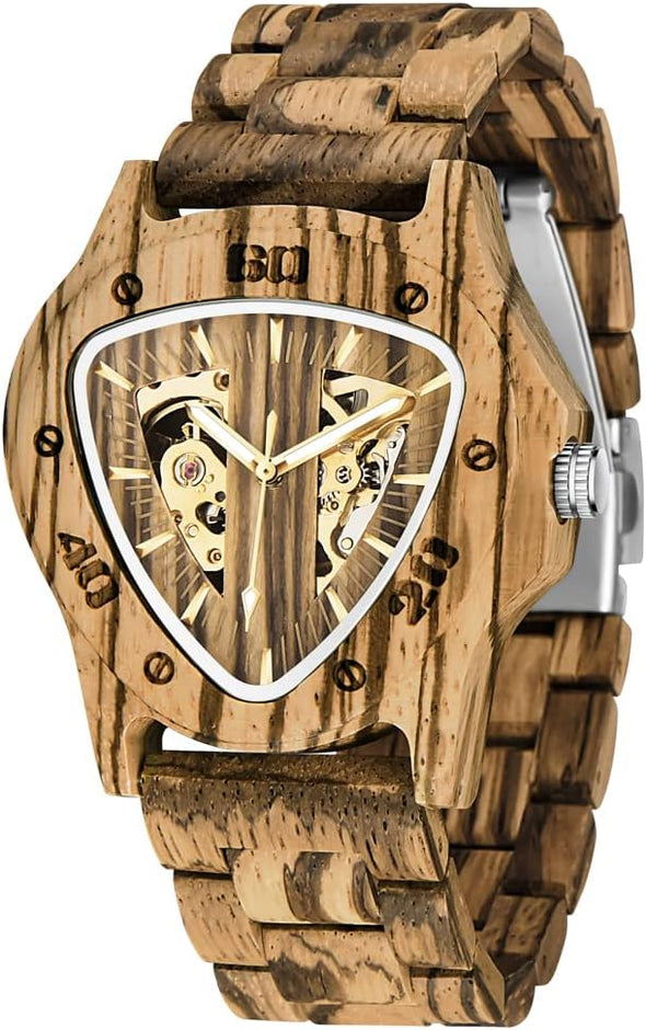 Men's Wooden Watch Skeleton Automatic Movement Wood Watch Self-Winding Watches for