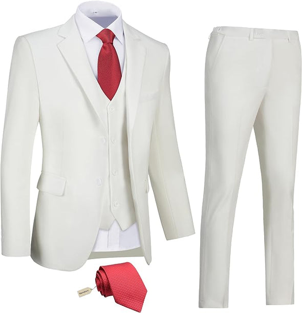 Men's Slim Fit 3 Piece Suit Two Button Business Wedding Dress Tux Suit Set Jacket Vest Pants with Tie