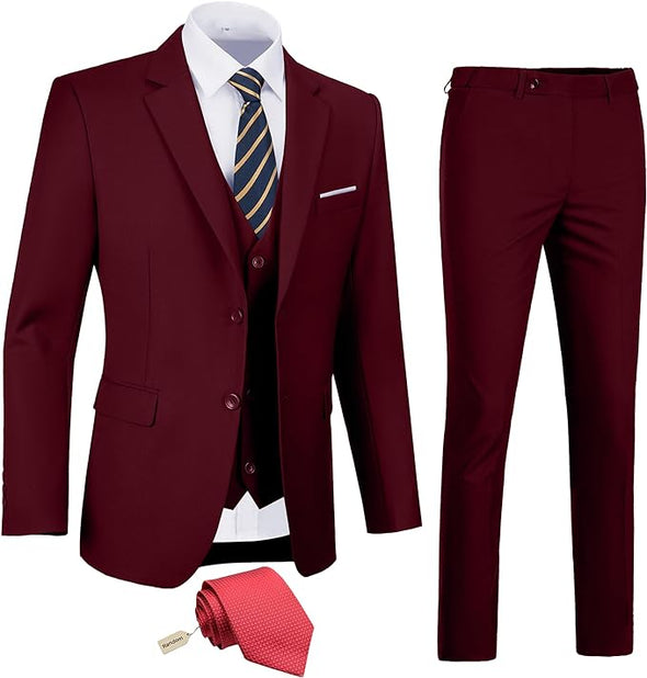 Men's Slim Fit 3 Piece Suit Two Button Business Wedding Dress Tux Suit Set Jacket Vest Pants with Tie