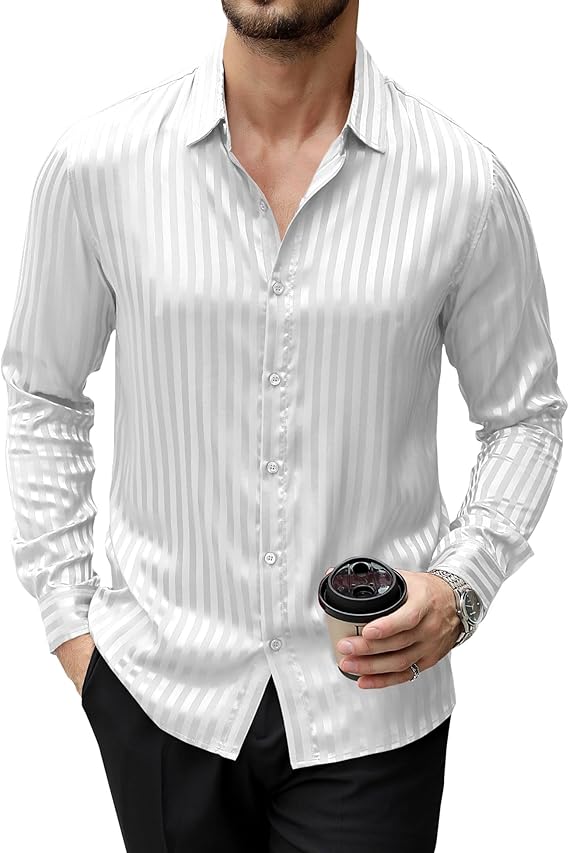 Men's Satin Dress Shirts Casual Luxury Shiny Silk Long Sleeve Striped Button Down Shirt