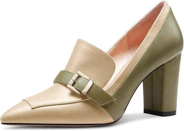 Womens Chunky Block Mid Heel Pointed Toe Pumps Slip-on Buckle Office Basic Classic Summer 3.2 Inches Shoes