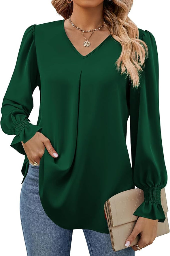 Women's 2024 Long Sleeve Tops Dressy Casual V Neck Tunic Shirts Loose Chiffon Work Blouse