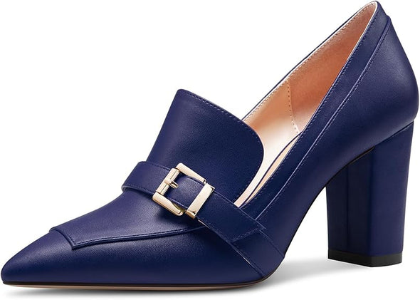 Womens Chunky Block Mid Heel Pointed Toe Pumps Slip-on Buckle Office Basic Classic Summer 3.2 Inches Shoes
