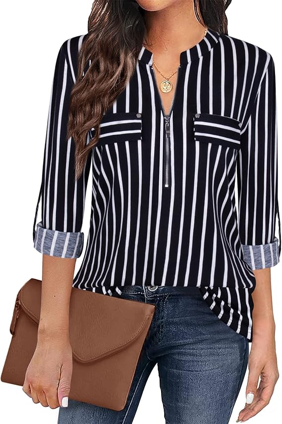 Women's Zip Front V-Neck 3/4 Sleeve Tunic Casual Top