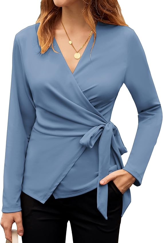 Women's Wrap V Neck Blouses Dressy Casual Long Sleeve Shirts