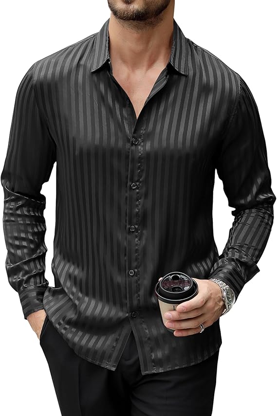 Men's Satin Dress Shirts Casual Luxury Shiny Silk Long Sleeve Striped Button Down Shirt