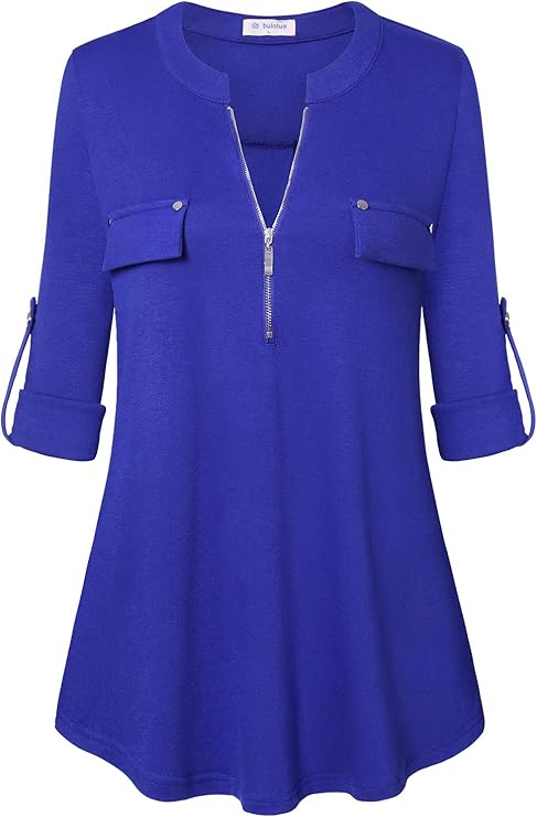 Women's Zip Front V-Neck 3/4 Sleeve Tunic Casual Top