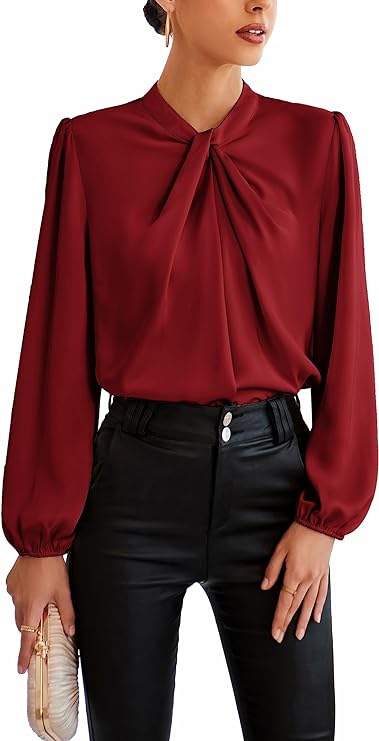 Women's Long Lantern Sleeve Shirts Mock Neck Solid Casual Blouse Tops