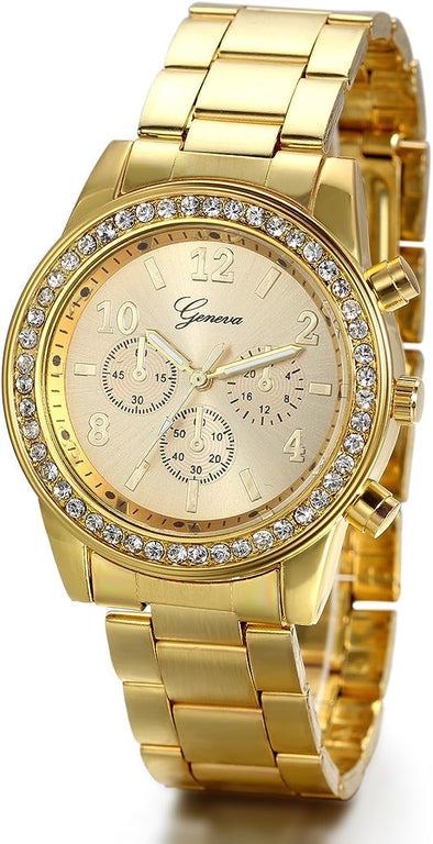 JewelryWe Luxury Mens Dress Watch, Stainless Steel Bling Rhinestones Accented Quartz Wrist Watches - Gold, for Halloween