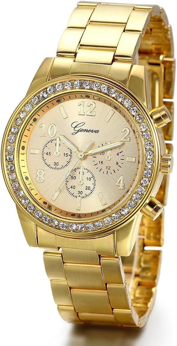 JewelryWe Luxury Mens Dress Watch, Stainless Steel Bling Rhinestones Accented Quartz Wrist Watches - Gold, for Halloween