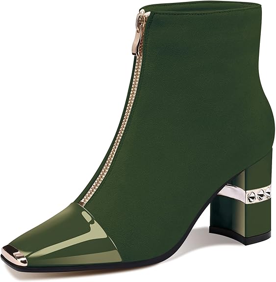 Ankle Booties Block Heeled Winter Autumn Suede Short Boots For Women Chunky High Heel Square Toe Front Zipper Boots