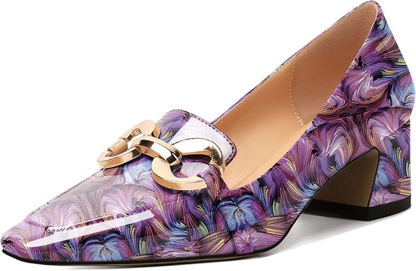 Womens Square Toe Block Heels Mid Chunky Heel Loafer Pumps Slip On Chain Dress Comfortable Prom Shoe